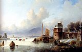 Famous Distance Paintings - A Winter Landscape With Numerous Skaters On A Frozen Waterway, Dordrecht In The Distance